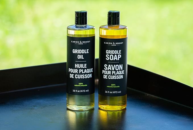 CARON & DOUCET - 100% Plant-Based Griddle Cleaning Set: Seasoning Oil & Soap for Washing, Restoring & Seasoning Griddles!