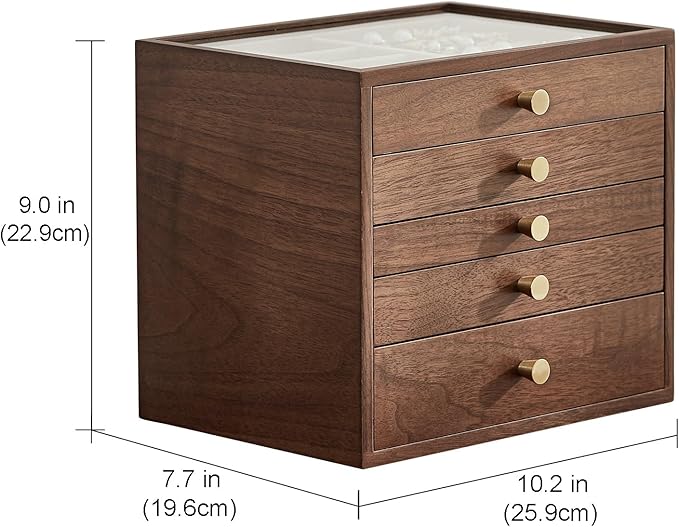 Homruilink Black Walnut Wooden Jewelry Box Women large 5 Layer Drawer Wood Organizer Box with Glass Lid for Necklaces, Watch, Necklace, Ring, Earring Storage - Valentine's Day Gifts