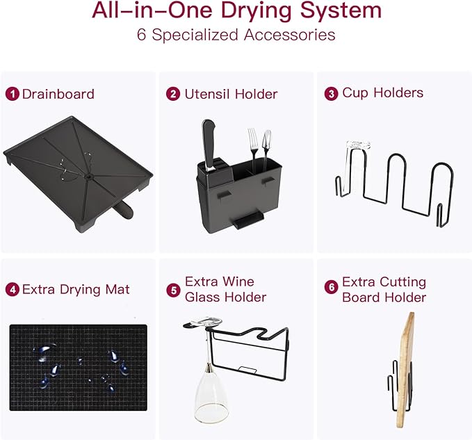 BOOSINY 2 Tier Black Large Stainless Steel Dish Drainers Drying Rack for Kitchen Counter with Drainboard, Rust Proof Metal, Space Saving, Modern Aesthetic, Compact Plates Strainers with Extra Mat