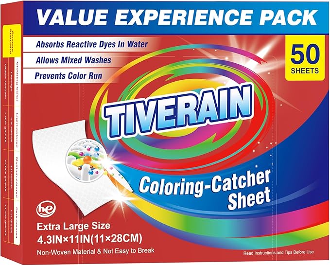 TIVERAIN 50 pcs Coloring-Catcher Sheet for Laundry,Color Grabbers Laundry Sheet,Allow Mixed Washes and Prevents Color Runs,Fragrance Free Color Absorber Sheets for Family No Fluorescent Agent