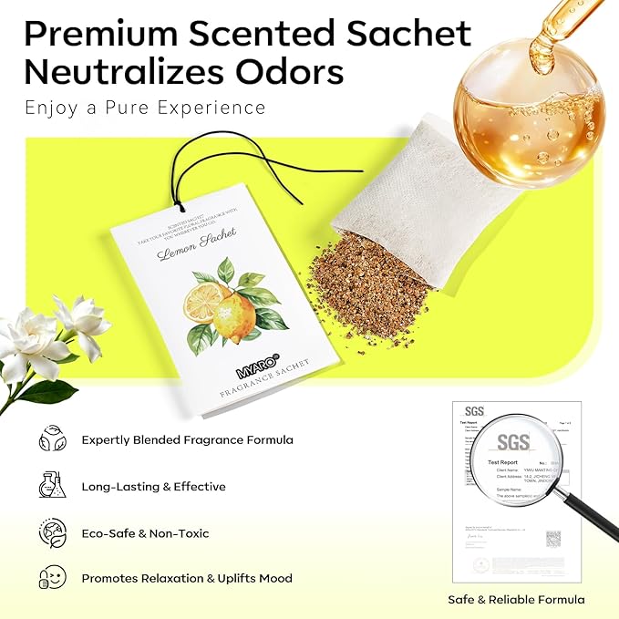 MYARO 12 Packs Lemon Scented Sachets for Drawer and Closet - Long Lasting Bathroom Odor Deodorizer Fresh Scents Car Air Refrehener Home Fragrance