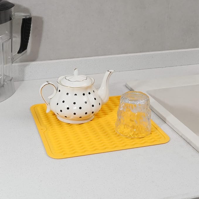 MicoYang Silicone Dish Drying Mat for Multiple Usage,Easy clean,Eco-friendly,Heat-resistant Silicone Mat for Kitchen Counter or Sink,Refrigerator or Drawer liner Yellow M 12 inches x 12 inches