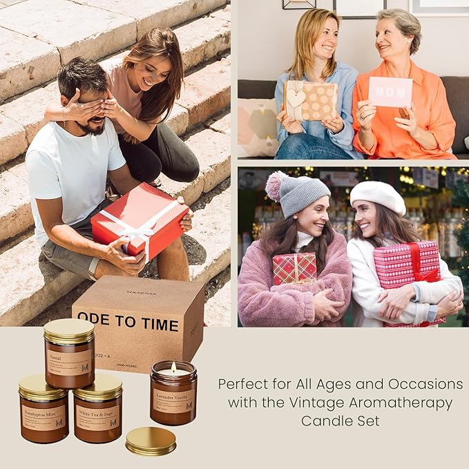 M&SENSE 4 Pack Fall Christmas Candle Gift Set, Aromatherapy Candle Gift for for Men and Women, Soy Wax Candles Home Scented, Long Lasting Amber Jar Xmas Candles for Christmas, Thanksgiving, Holiday