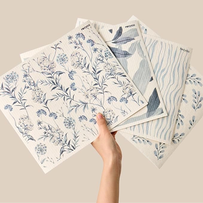 RECYCO Swedish Dishcloths for Kitchen | 4 Pack Oversized Washable Dish Rags | Large Cellulose Reusable Cleaning Paper Towels | Absorbent Counter Dish Cloth Sponge XL Kitchen Wipes, 12" L x 10" W