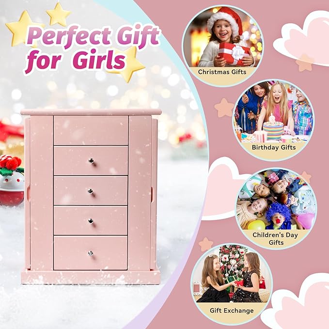 Emfogo Jewelry Box for Girls, Musical Jewelry Box with Spinning Dancer Gifts for Little Girls Christmas New Year Birthday Children's Day, 5 Layer Large Wooden Kids Music Jewelry Organizer Box(Pink)