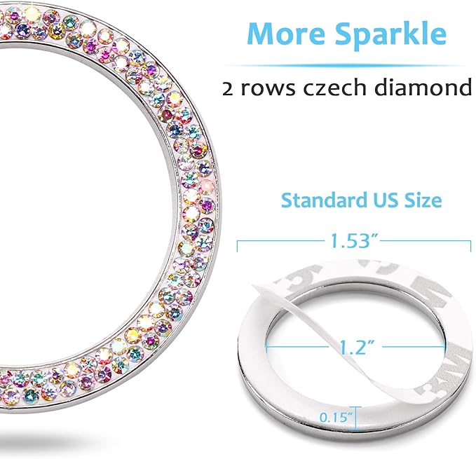 ToBeQueen Car Crystal Ring Sticker Multicolor Bling Ring Interior Emblem,2 Pcs Crystal Car Decal Start Engine Ignition Button for Women Girl Rhinestone Bling Car Accessories Colorful
