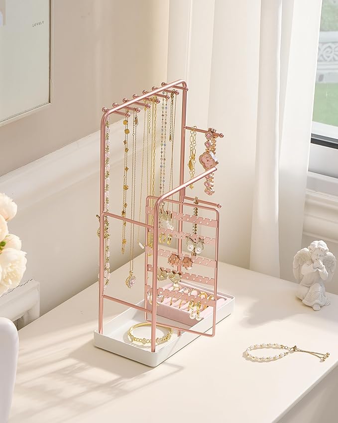 ProCase Jewelry Stand Holder Organizer, Jewelry Display Storage with Ring Tray, No-Assembly Needed, Rotating Earring Bracelet Necklace Holder, Christmas Gifts Room Dorm Decor for Teen Girls -Rosegold