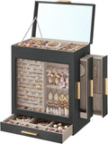 SONGMICS Jewelry Box with Glass Window, 5-Layer Jewelry Organizer with 3 Side Drawers, Jewelry Storage, with Big Mirror, Modern, 6.1 x 10.3 x 12.6 Inches, Slate Gray and Metallic Gold UJBC162G01