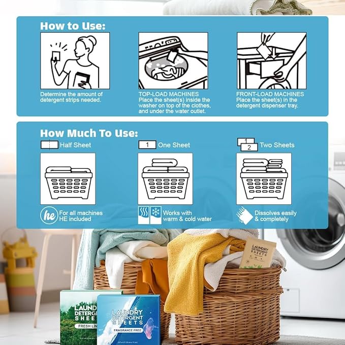 AIDEA Laundry Detergent Sheets, Fresh Linen Scent-(60 Loads) 30 Sheets, Eco-Friendly Laundry Detergent, No Plastic Jug, Lightweight, Easy To Use For Travel