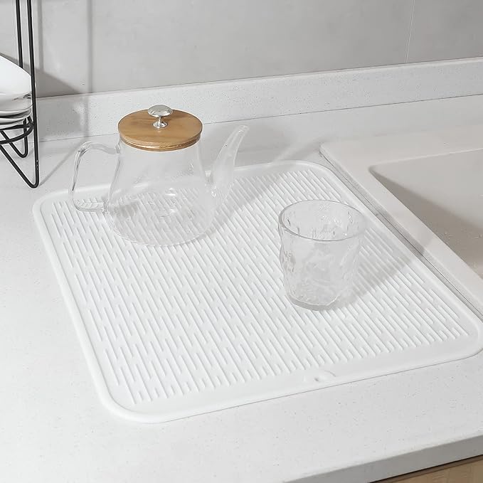 MicoYang Silicone Dish Drying Mat for Multiple Usage,Easy clean,Eco-friendly,Heat-resistant Silicone Mat for Kitchen Counter or Sink,Refrigerator or Drawer Liner White XL 18 inches x 16 inches