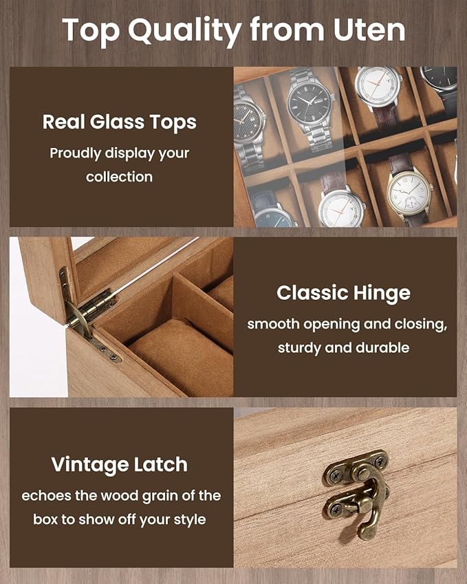 Uten 8-Slot Watch Box, 2-Layers Solid Wood Watch Display Case with Glass Lid, Watch Holder Organizer with Soft Pillow and Velvet Lining, Watch and Jewelry Storage Box, Browm