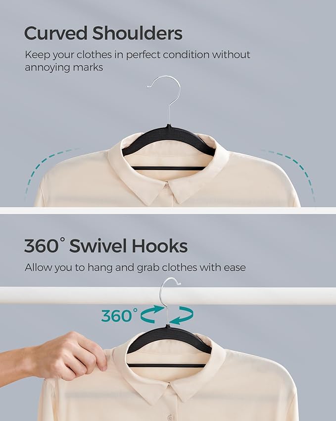 SONGMICS Pack of 30 Coat Hangers, Space-Saving Plastic Clothes Hangers, Non-Slip, 0.2 Inches Slim, 16.5 Inches Wide, 360° Swivel Silver Hook, Black UCRP20BK30