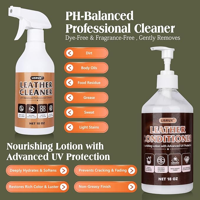 LISRUX Leather Cleaner and Conditioner Kit-2×18oz Leather Care For Car Seats, Furniture, Couches, Shoes & Boots, Restores & Protects All Leather For Natural, Synthetic, Faux, Pleather, pH-Balanced