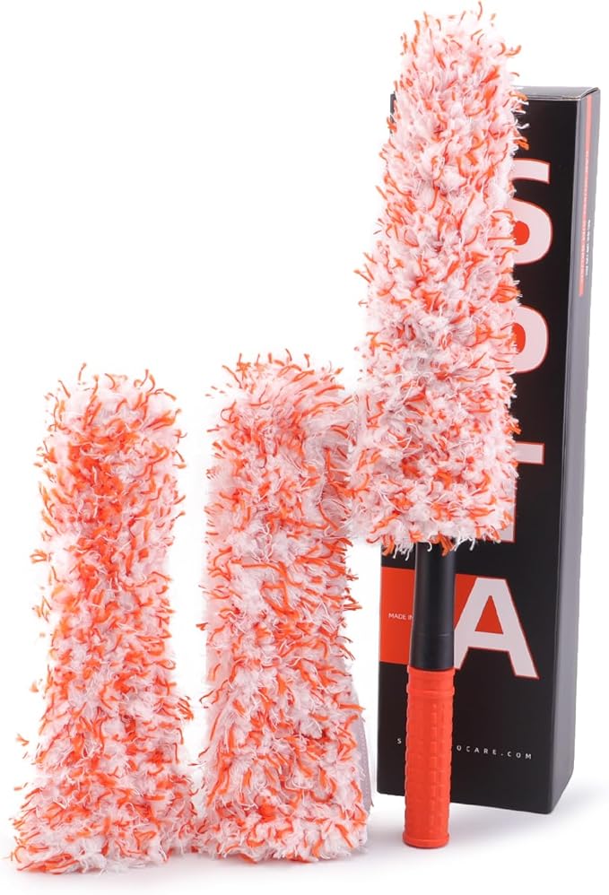 Microfiber Wheel Brush, SPTA Removable Car Wheel Cleaning Brush with 2 Interchangeable Microfiber Covers, Bendable, Firm Rim Cleaner Brush for Wheel Cleaning, Long Non-Slip Handle and Flat Head