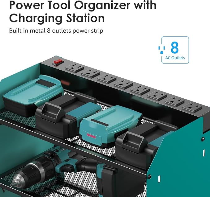 CCCEI Modular Power Tool Organizer Wall Mount with Charging Station. Garage Drill Storage Shelf with Hooks, Heavy Duty Rack, Tool Battery Holder Built in 8 Outlet. Gift for Men. Navy Blue, 2 Pack.