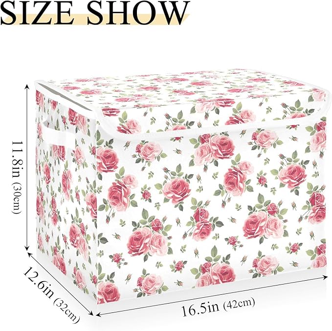 Collapsible Storage Bins with Lids, Pink Rose Flowers Floral Storage Boxes for Organizing
