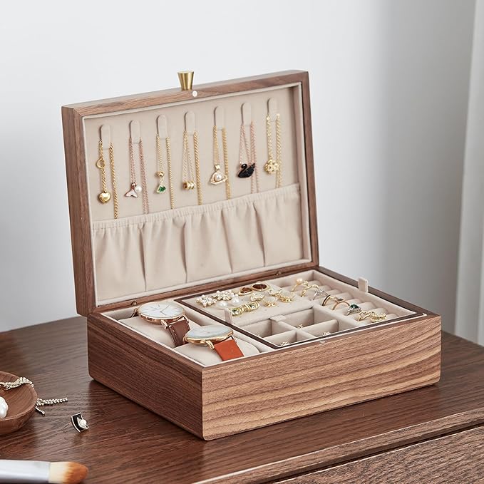 Homruilink Black Walnut Wooden Jewelry Box for Women 2 Layer Jewelry Organizer with Removable Tray for Watches Rings Earrings Necklace Bracelets Birthday Christmas Gifts
