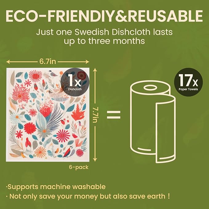 Yelasenari Swedish Dishcloths for Kitchen Reusable 6 Pack Kitchen Towels No Odor Quick-Drying Reusable Paper Towels Reusable Paper Towels Washable for Countertop Sink Kitchen Flower Bird