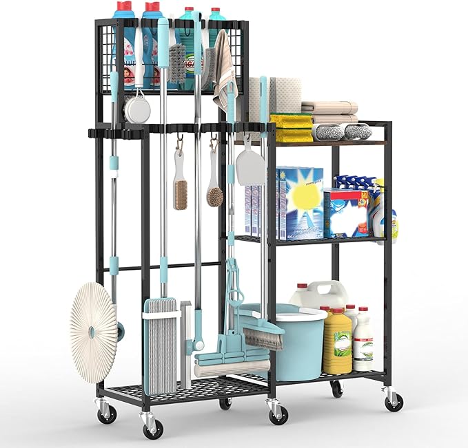 Broom Holder with Cleaning Supplies Organizer, Cleaning Cart with Broom Hanger, Broom and Mop Holder with Wheels,11 Mop Hanger Grippers & 6 Hooks, Broom Organizer for Laundry, Garage, Tool Room