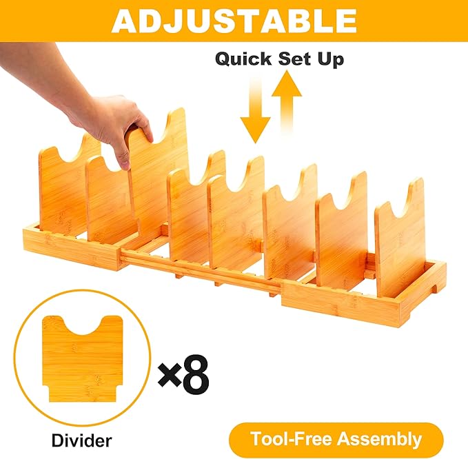 MinBoo Bamboo Expandable Pot Lid Organizer Pot Lid Holder, Pot and Pan Organizer Drawer Organizer for Pot Lids, Adjustable Dividers for Kitchen Cabinet Organizers and Storage,Small