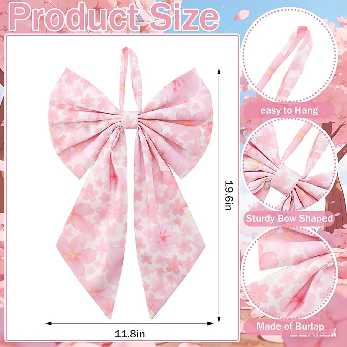 2 Pcs Spring Cherry Blossoms Wreath Bows 19.6'' x 11.8'' Large Tree Topper Pink Ornament Rustic Burlap Wreath Sash for Front Door Spring Party Yard Doorway Indoor Outdoor Wall Decor