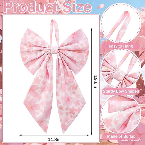 2 Pcs Spring Cherry Blossoms Wreath Bows 19.6'' x 11.8'' Large Tree Topper Pink Ornament Rustic Burlap Wreath Sash for Front Door Spring Party Yard Doorway Indoor Outdoor Wall Decor