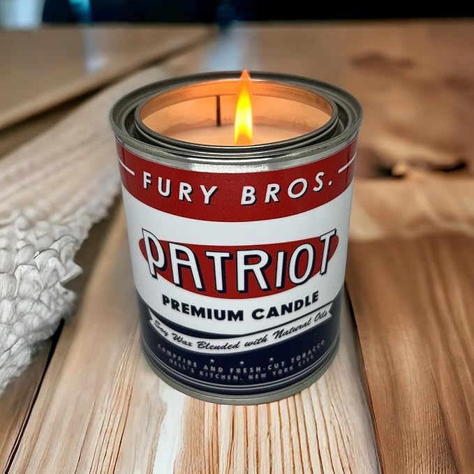 Fury Bros. Scented Candles for Men | Patriot | Campfire & Fresh-Cut Tobacco | Natural Soy Wax | Hand-Poured in The USA | Long 70-80 Hour Burn (12.5 oz) | Vintage-Inspired Tin Design | Dad Home Gift
