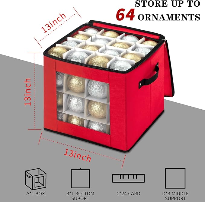 JY COOKMENT Christmas Ornament Storage Box with Adjustable Dividers, Premium Holiday Ornaments Storage Container Bin with Zippered Top for Xmas Decorations (64-3" Balls, Red, Without Tray)
