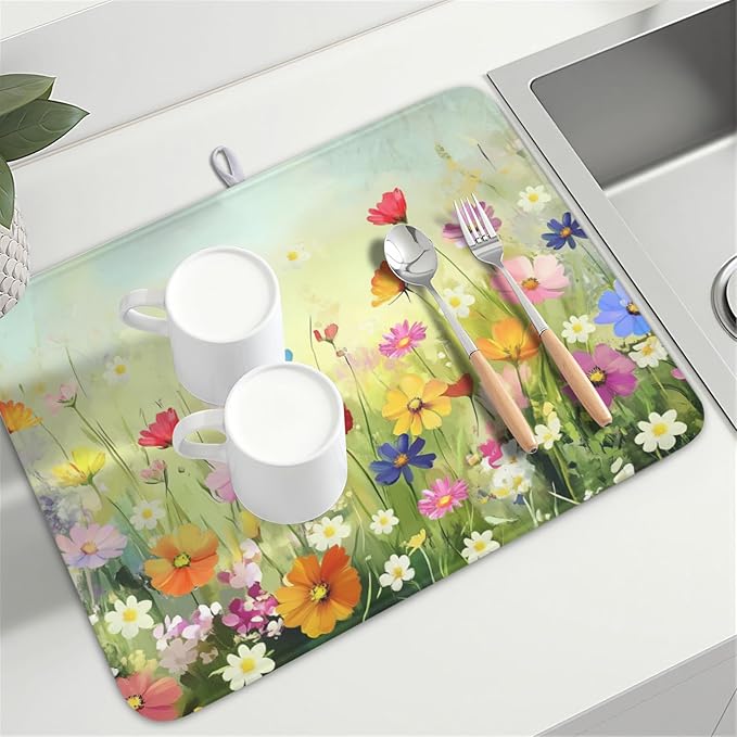 ABSOP Spring Summer Daisy Dish Drying Mat 18 x 24 Inch Colourful Floral Pattern Dish Drainer Rack Mat Absorbent Microfiber Mats Holiday Dish Pad for Kitchen Coffee Dining Bar Decor