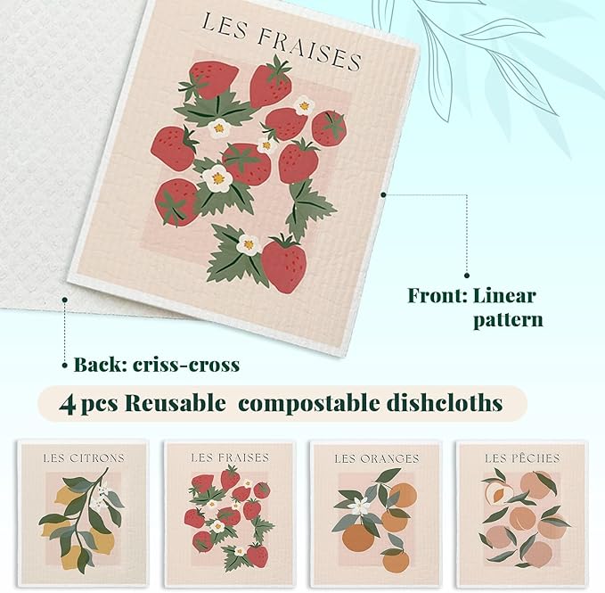 LARTSFRO Swedish Dishcloths for Kitchen, Pink Strawberries Peach Citrons Oranges Swedish DishCloths for Friut, 4 Pack Dish Towels for Kitchen, Papaya Reusable Paper Towels Washable