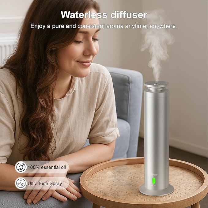 Hotel Collection Diffuser Machine,Remote,Rechargeable,Whisper-Quiet,Aluminum,1500 Sq Ft,Waterless Essential Oil Diffuser - Matte Silver