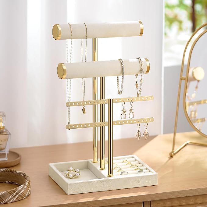 Josmimic Bracelet Holder Jewelry Organizer Display - 3 Tier T Bar Velvet Stand, Beige Jewelry Storage for Bracelet, Necklaces, Earrings, Rings, Watches