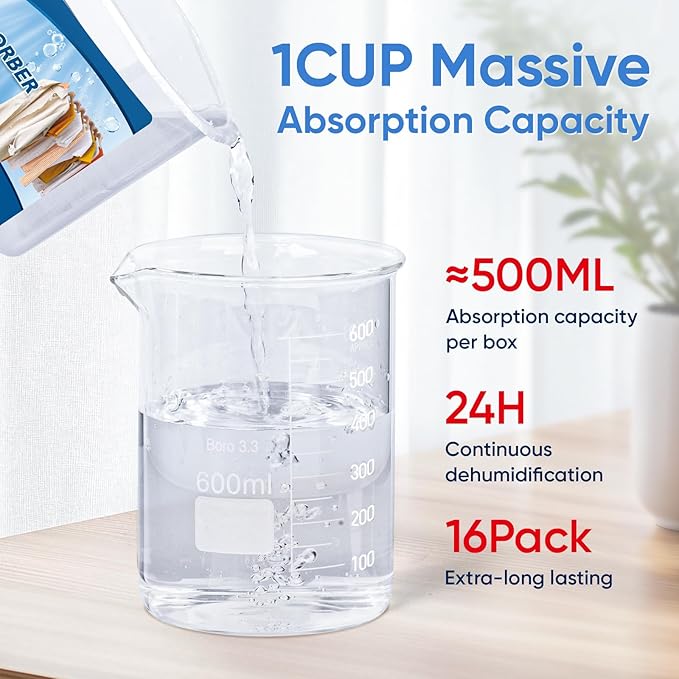 16 Pack Moisture Absorbers, 10.6 OZ Humidity Absorber Bucket, Moisture Absorbers for Closet, Dehumidifier Bucket for Wardrobes, Kitchens and Bathrooms, Fragrance Free Humidity Absorber