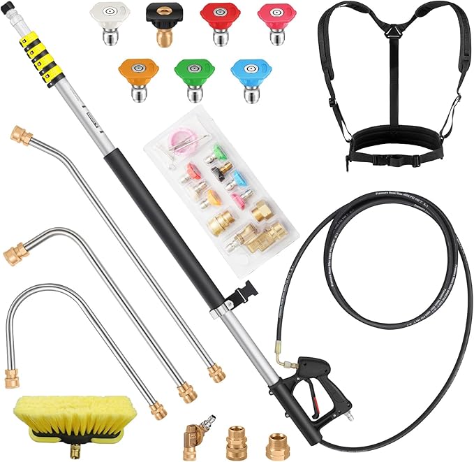 ExtraFein 24FT Telescoping Pressure Washer Extension Wand, Hot Water Supported Power Washer Extension Wand, Solar Panel Cleaner Pole with Brush Head, 7 Nozzle Tips, 3 Adapters & Harness
