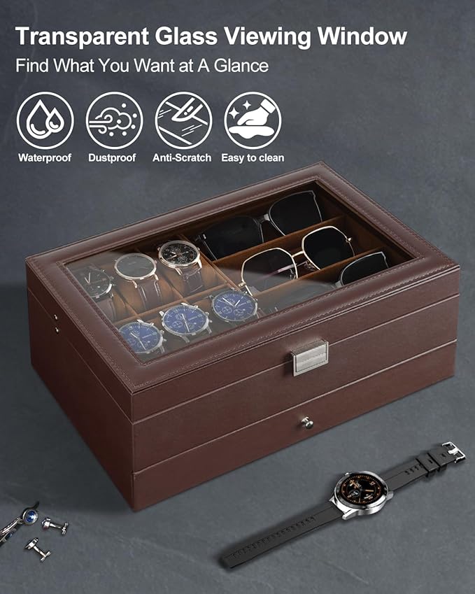 Jenseits Watch Organizer & Jewelry Box for Men – 6 Watch Slots, 3 Sunglass Slots, Drawer for Rings, Bracelets & Cufflinks, 2-Layer Leather Watch Display Case w/Glass Lid, Gift for Men & Women, Brown