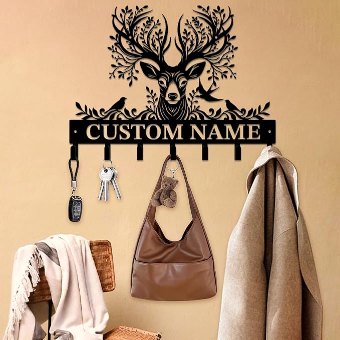 Personalized Custom Name Forest Deer Wall Keys Hooks,Metal Forest Deer Art Clothes Hooks,Metal Forest Deer Wall Home Storage Decorative,For Front Door, Hallway, Kitchen, Bedroom,Keys,Hats (Style K)