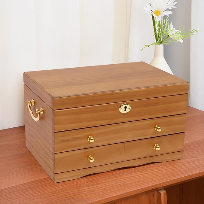 3-Layer Jewelry Organizer with 2 Drawers Wooden Jewelry Box Organizer Display Storage Case with Mirror and Lock for Women Necklace Ring Storage