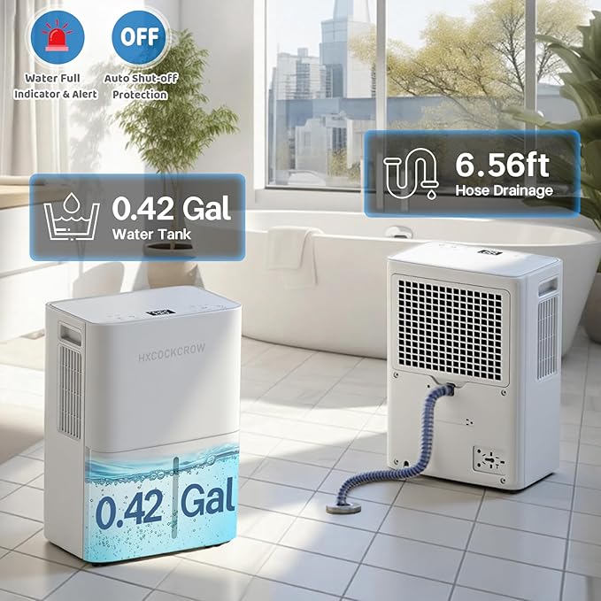 HXCOCKCROW Dehumidifier for Basement Home 1200 Sq. ft, 17 Pints Dehumidifiers with Drain Hose for Bedroom Bathroom Large Room RV, 3 Working Modes, Intelligent Humidity Control, 24H Timer, Auto Defrost