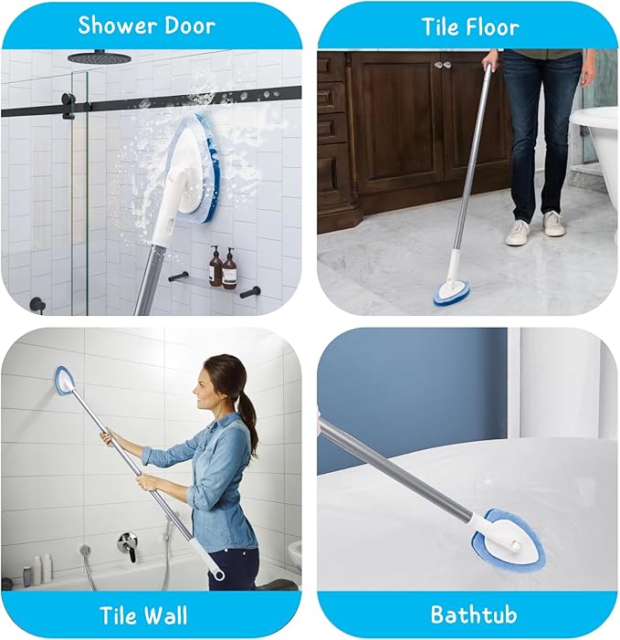 Shower Scrubber, Bathroom Tub and Tile Cleaner Brush with Long Handle, 47'' Bathtub Cleaning Tool with 6 Refill Pads