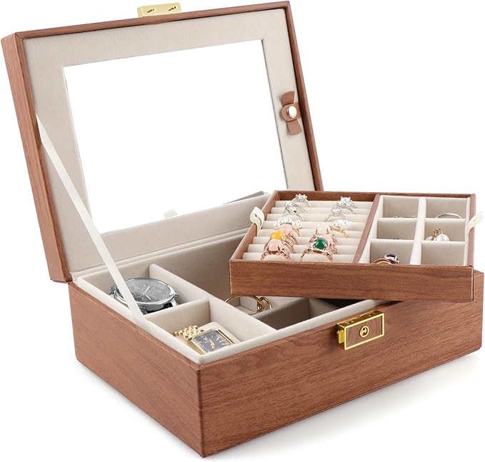 Homeanda Jewelry Box with Mirror Travel Jewelry Organizer 2 Layer Large Jewelry Storage Case Waterproof PU Leather Storage for Women Girls (Brown)
