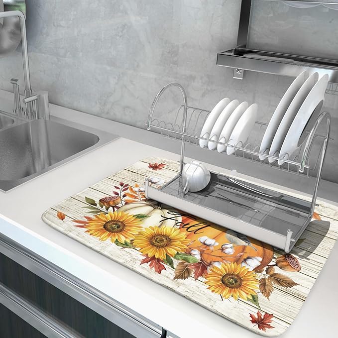 Hello Fall Dish Drying Mat Autumn Pumpkin Dish Drainer Rack Mats 18"x24" Fast Dry Microfiber Dish Drying Pad for Kitchen Countertop Table