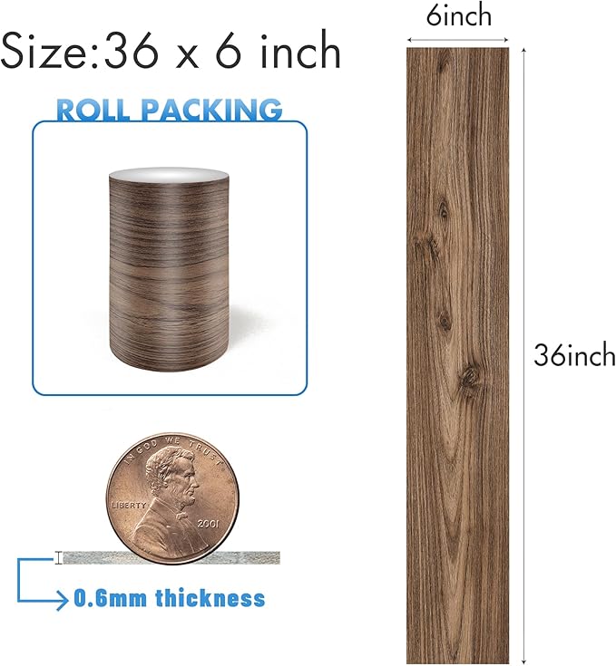 Lareko 18 Sq.Ft,Wood Peel and Stick Floor Tiles,12 Pack Brown Vinyl Flooring (No Adhesive Residue) 36"×6" Waterproof and Non-Slip Laminate Flooring for Renters Bathroom, Living Room(Dark Brown