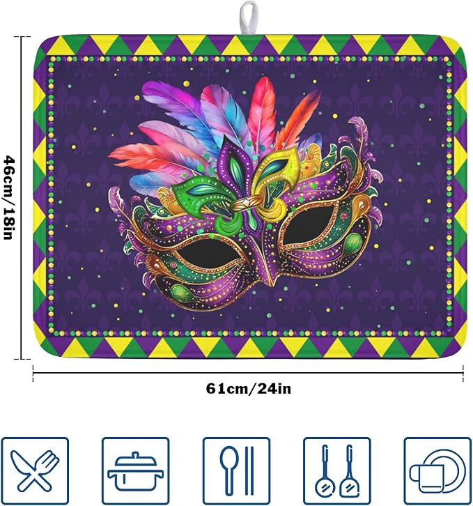 Wnoesat Mardi Gras Dish Drying Mat for Kitchen Counter Masquerade Mask Feather Drying Mats Absorbent Reversible Microfiber Washable Draining Pad Washable Dry Mat 18x24 Inch