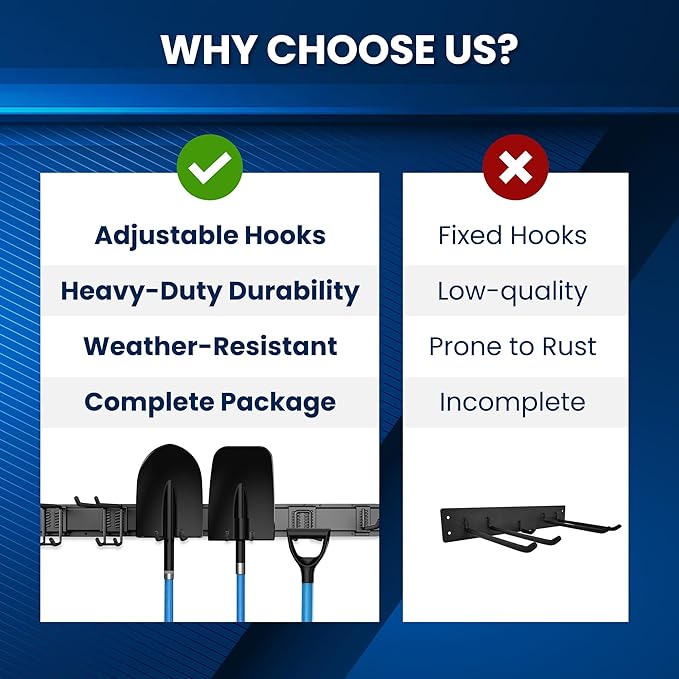 SUKIZZ 64'' All-Metal Garage Tool Organizer Wall Mount – Heavy-Duty Tool Rack Holds 680 lbs, Adjustable Hooks for Garage, Yard, and Garden Equipment