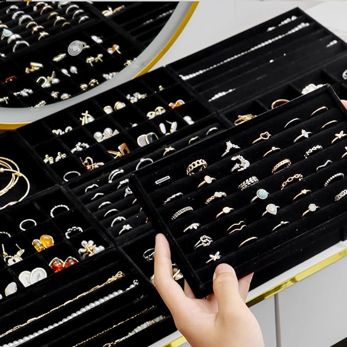 SPAKOWN Jewelry Drawer Organizer Inserts Set of 9, Jewelry Trays for Drawers Velvet Jewelry Organizer Tray Drawer Jewelry Organizers and Storage for Earring Ring Necklace Watch Bracelet (Black)