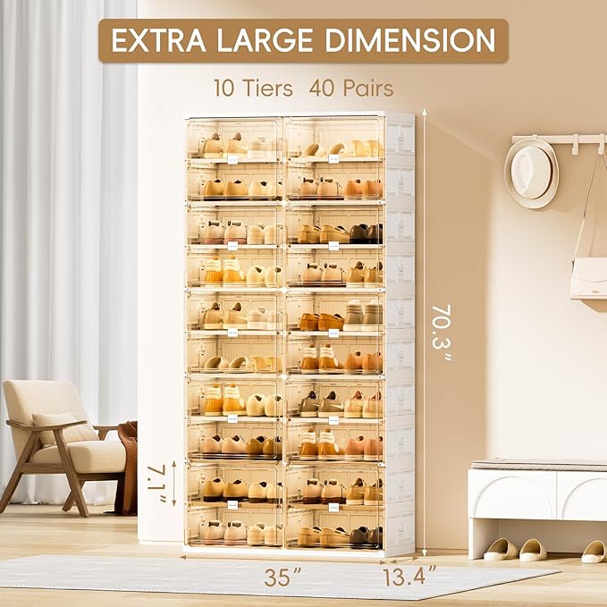 JEKO&JEKO 10-Tier Foldable Shoe Storage Box with Magnetic Doors, Large Stackable Shoe Organizer Cabinet for Entryway, Clear Front Door Shoe Boxes Hold Up to 40 Pairs (White)