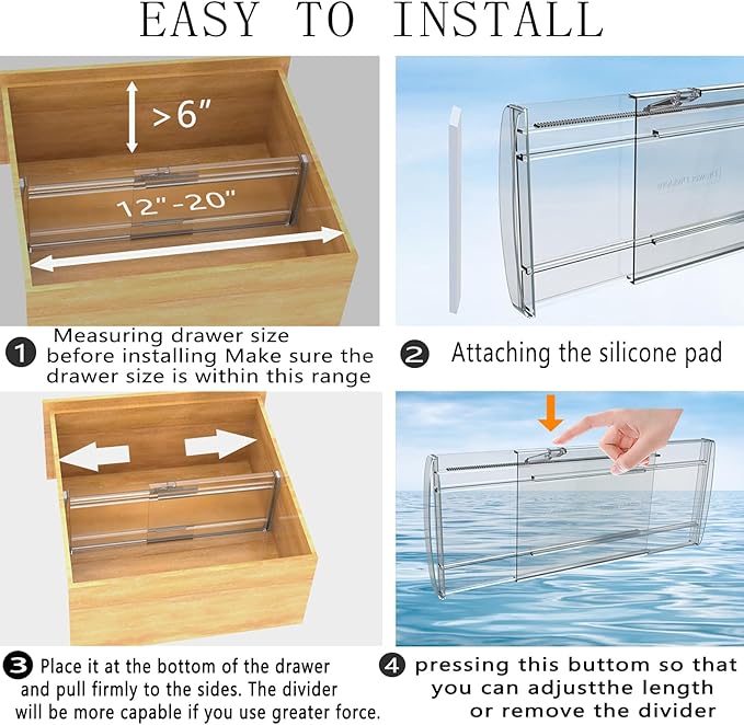 SPEREELER 8 Pack Adjustable Drawer Dividers for Clothes,6" High Expandable From 12-20" Clear Drawer Organizers, PC Plastic Separators for Dresser/Bedroom/Bathroom/Kitchen/Office Storage