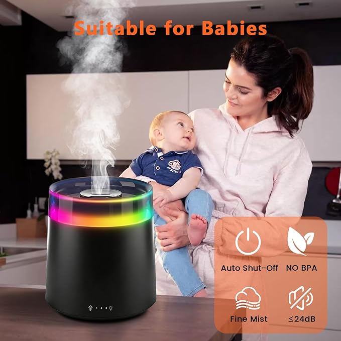 Humidifiers for Bedroom Home,3L Top Fill Cool Mist Humidifier for Baby Nursery,Essential Oil Diffuser for Large Room,3 in 1 uiet Ultrasonic Humidifier for,Office,Plant,Nursery,BPA FREE(Black)