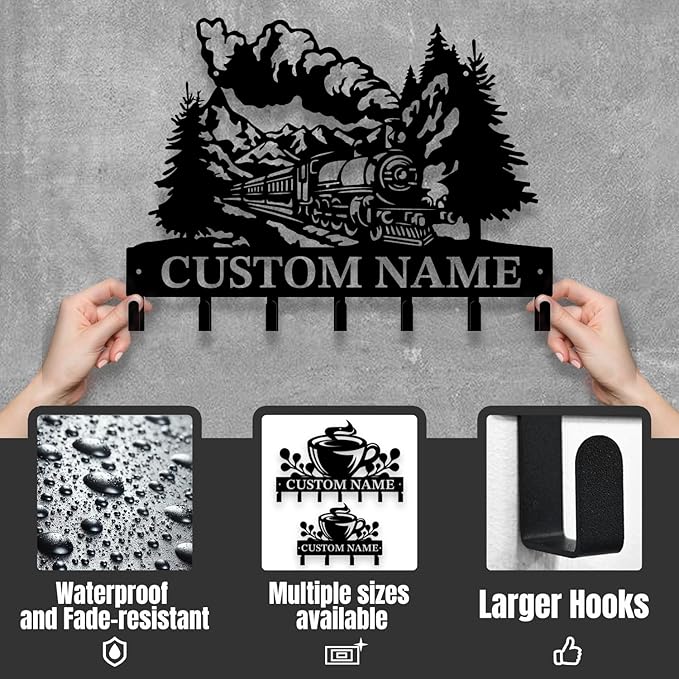 Personalized Train Metal Keys Hooks,Custom Name Metal Train Keys Hooks,Black Metal Train Wall Home Storage Decorative Keys Hooks,Key Holder Hooks for Wall (Style G)