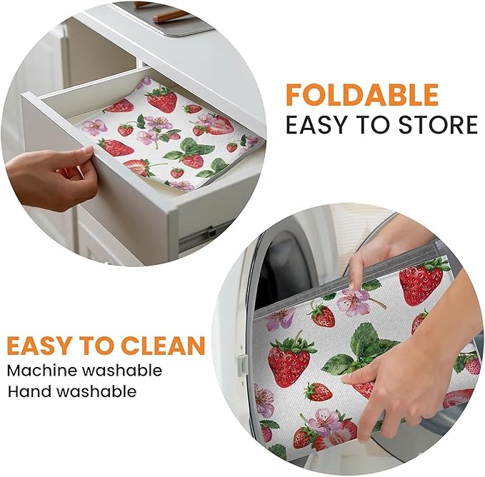 Dish Drying Mat For Kitchen Counter, Cute Watercolor Strawberries Microfiber Absorbent Dish Drainer Rack Pad Reusable Large 18x24in Drying Mat